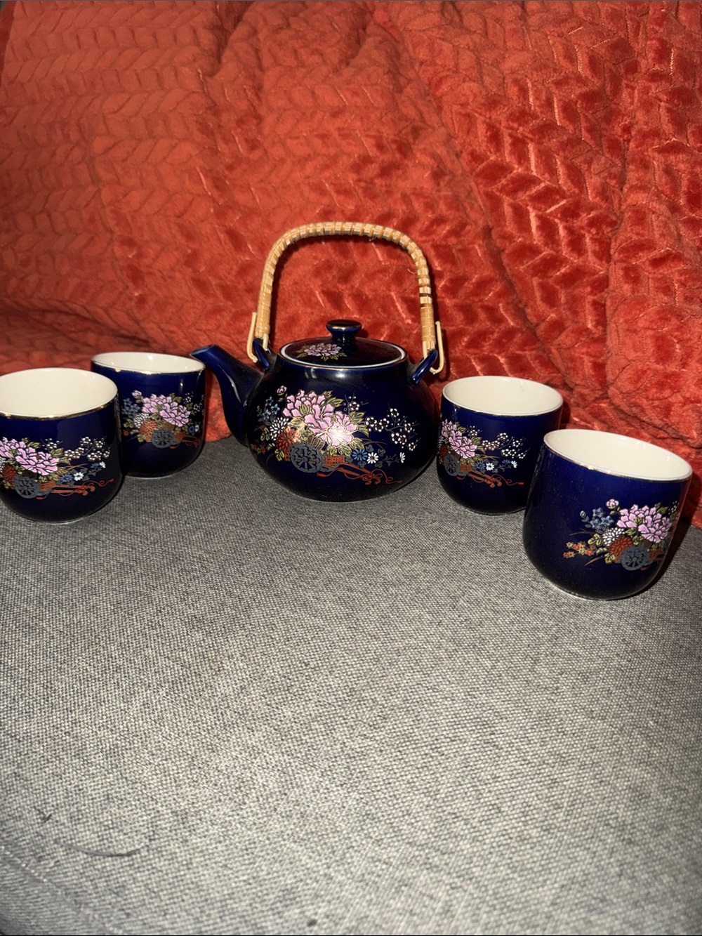 Vintage Kutani Cobalt Blue Porcelain Teapot & 4 Cups Set Hand-Painted Floral Gol